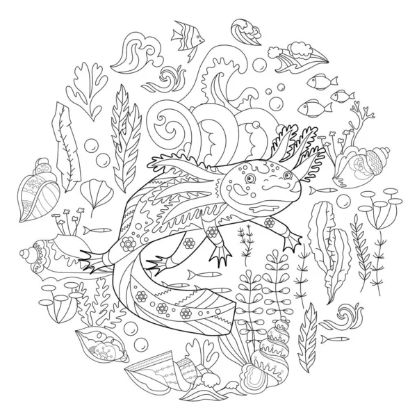 Konturlineare Illustration Für Malbuch Mit Axolotl Algen Lustiges Tier Stress — Stockvektor