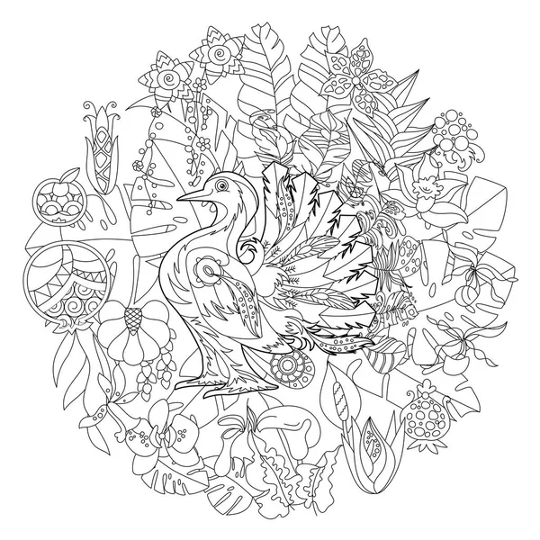 Ilustração Linear Contorno Para Colorir Livro Com Pássaro Paraíso Flores —  Vetores de Stock