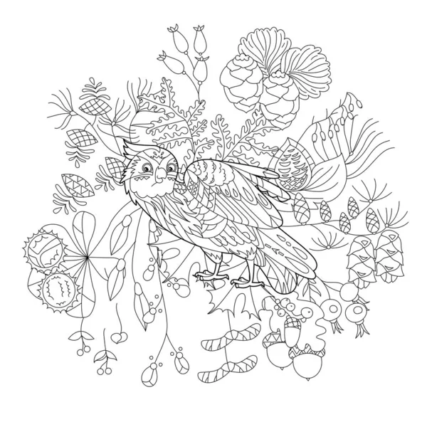 森の植物で鳥と本を着色するための輪郭線イラスト かなりのフクロウ 抗ストレス画像 大人や子供のための線画のデザイン 角のスタイル 入れ墨と着色のページ — ストックベクタ