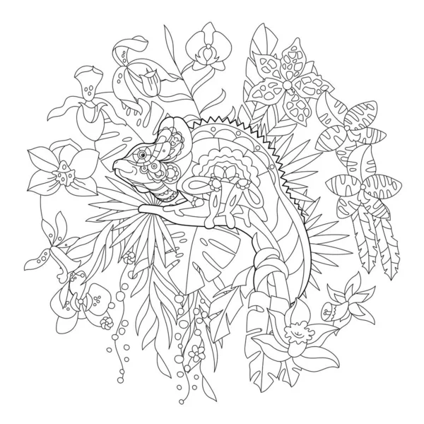 Konturlineare Illustration Für Malbuch Mit Chamäleon Blumen Tropisches Reptil Stress — Stockvektor