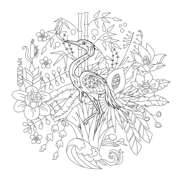 Γραμμική Εικονογράφηση Περιγράμματος Για Χρωματισμό Βιβλίου Πουλί Λουλούδια Όμορφος Ερωδιός — Διανυσματικό Αρχείο