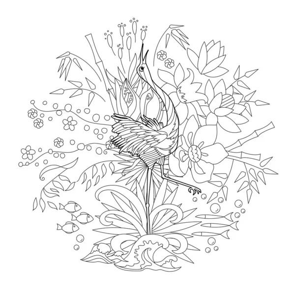 Illustration Linéaire Contour Pour Livre Colorier Avec Oiseau Fleurs Beau — Image vectorielle