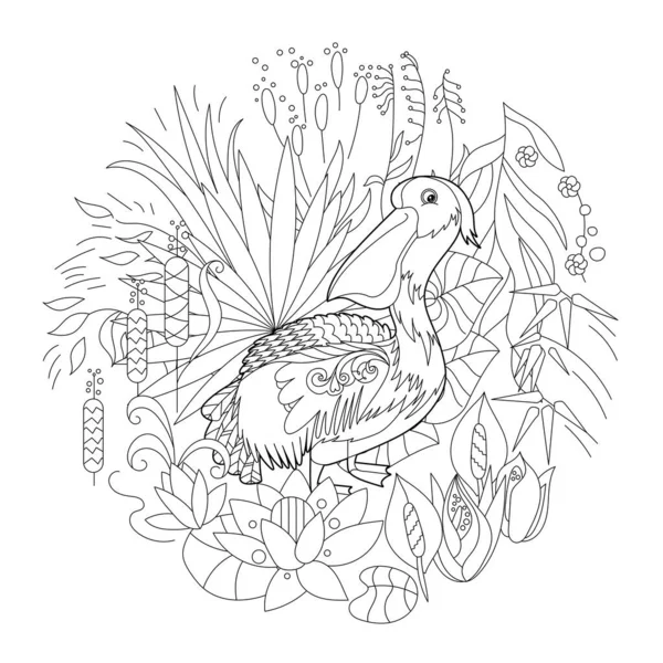 Contour Linear Illustration Coloring Book Bird Flowers Tropic Pelican Stress — Stock Vector