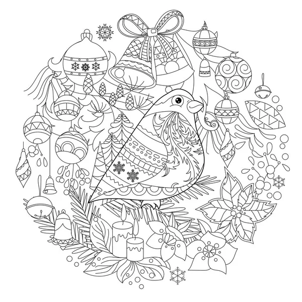 Kontur Liniowa Zimowa Ilustracja Bullfinch Tradycyjna Ozdoba Świąteczna Dekoracja Obraz — Wektor stockowy