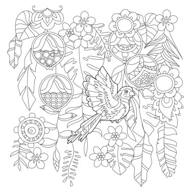 Çiçekli cennet kuşuyla boyama kitabı için doğrusal çizim yapın. Tropik papağan, stres karşıtı resim. Yetişkinler ve çocuklar için çizgi tasarımı Zen-karmaşası tarzı, dövme ve boyama sayfası.