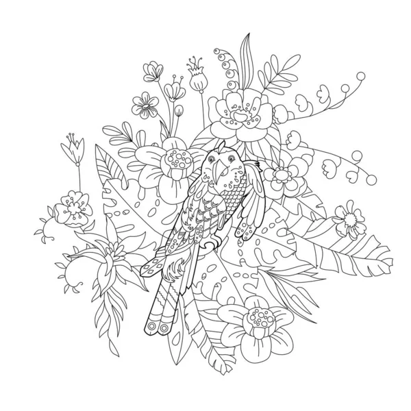 花の楽園の鳥と本を着色するための輪郭線イラスト 熱帯オウム 抗ストレス画像 大人や子供のための線画のデザイン 角のスタイル 入れ墨と着色のページ — ストックベクタ