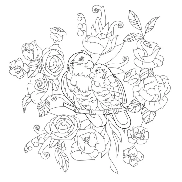 Illustration Linéaire Contour Pour Livre Colorier Avec Oiseaux Paradisiaques Fleurs — Image vectorielle