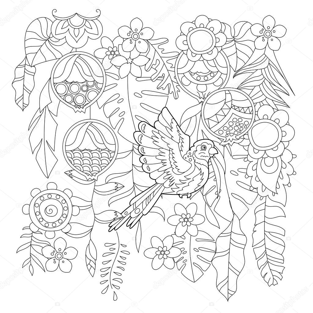 Contour linear illustration for coloring book with paradise bird in flowers. Tropic parrot,  anti stress picture. Line art design for adult or kids  in zen-tangle style, tattoo and coloring page.
