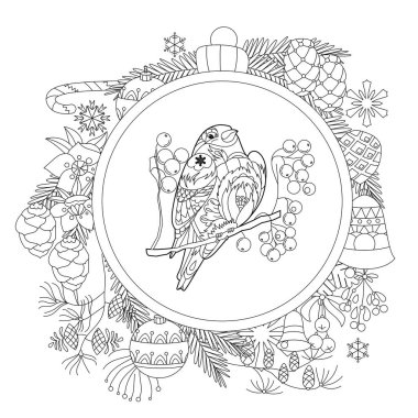 Cute bird bullfinch in ball. Doodle style, black and white background. Funny Christmas animal, coloring book pages. Hand drawn illustration in zentangle style for children and adults, tattoo. vector Cute bird bullfinch in ball. Doodle style, black and white background. Funny Christmas animal, coloring book pages. Hand drawn illustration in zentangle style for children and adults, tattoo. vector