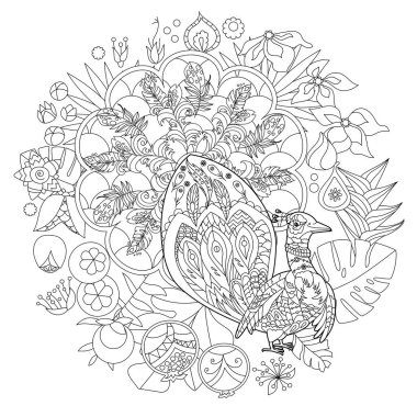 Ormanda sevimli bir tavus kuşu. Doodle tarzı, siyah beyaz arka plan. Komik hayvan, boyama kitabı sayfaları. Çocuklar ve yetişkinler için zentangle stili el çizimi, dövme.