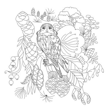 Ormandaki sevimli kuş baykuşu. Doodle tarzı, siyah beyaz arka plan. Komik hayvan, boyama kitabı sayfaları. Çocuklar ve yetişkinler için zentangle stili el çizimi, dövme.