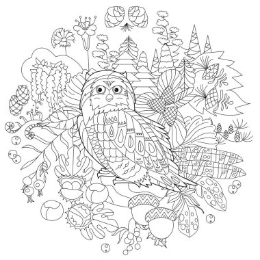 Ormandaki sevimli kuş baykuşu. Doodle tarzı, siyah beyaz arka plan. Komik hayvan, boyama kitabı sayfaları. Çocuklar ve yetişkinler için zentangle stili el çizimi, dövme.