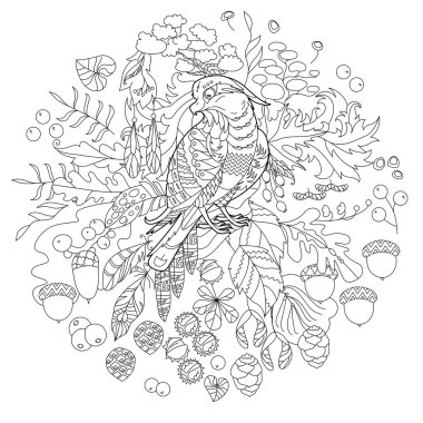 Ormandaki sevimli kuş baykuşu. Doodle tarzı, siyah beyaz arka plan. Komik hayvan, boyama kitabı sayfaları. Çocuklar ve yetişkinler için zentangle stili el çizimi, dövme.