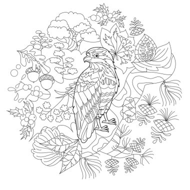 Ormandaki sevimli kuş baykuşu. Doodle tarzı, siyah beyaz arka plan. Komik hayvan, boyama kitabı sayfaları. Çocuklar ve yetişkinler için zentangle stili el çizimi, dövme.