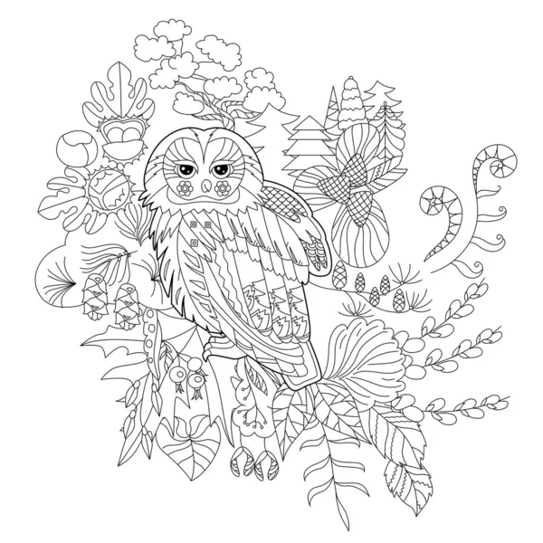 Ormandaki Sevimli Kuş Baykuşu Doodle Tarzı Siyah Beyaz Arka Plan — Stok Vektör
