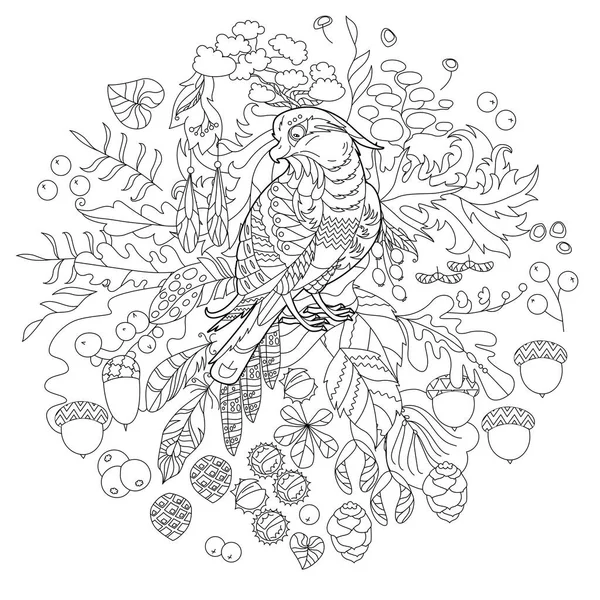 Cute Bird Owl Forest Doodle Style Black White Background Funny — Stock Vector