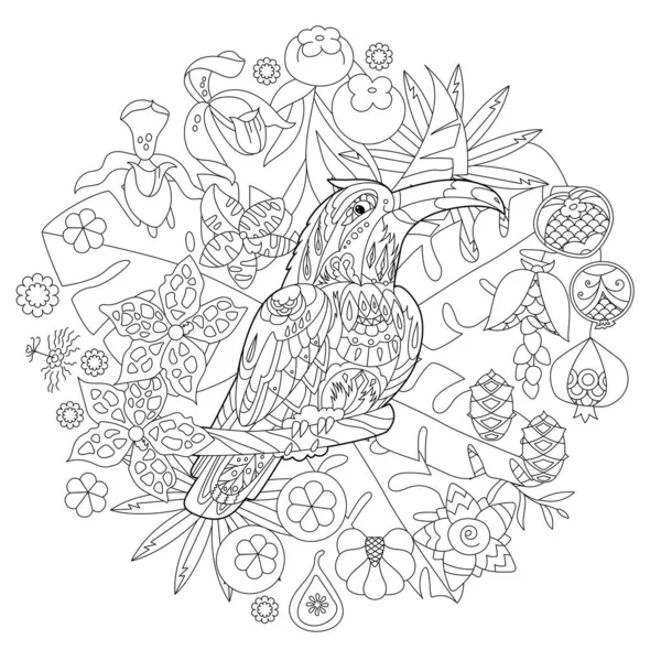 Ormandaki Sevimli Kuş Tukanları Doodle Tarzı Siyah Beyaz Arka Plan — Stok Vektör