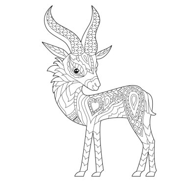 Şirin dağ keçisi. Doodle tarzı, siyah beyaz arka plan. Komik hayvan, boyama kitabı sayfaları. Çocuklar ve yetişkinler için zentangle stili el çizimi, dövme.