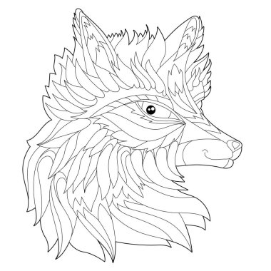 Boyama kitabı için dekoratif tilki kafasıyla doğrusal çizim yap. Güzel bir hayvan, stres karşıtı bir resim. Yetişkinler ve çocuklar için çizgi tasarımı Zen-karmaşası tarzı, dövme ve boyama sayfası.