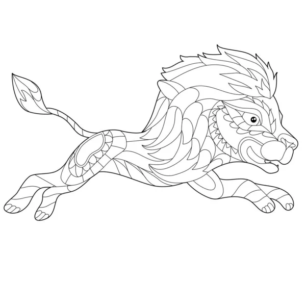 Obrys Lineární Ilustrace Pro Omalovánky Dekorativním Roztomilým Lvem Krásné Zvíře — Stockový vektor