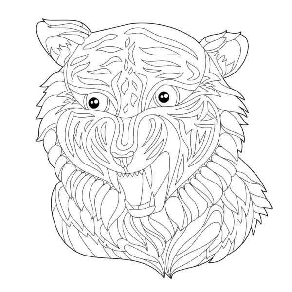 Obrys Lineární Ilustrace Pro Omalovánky Dekorativní Tygří Hlavou Krásné Zvíře — Stockový vektor