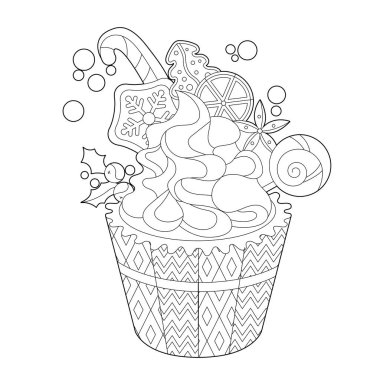 Güzel bir Noel pastası. Kış tatili çöreği. Siyah ve beyaz elementler. Sezon tasarımı için geleneksel şenlik dekoru. Çocuklar ve yetişkinler için zentangle stili el çizimi, dövme.