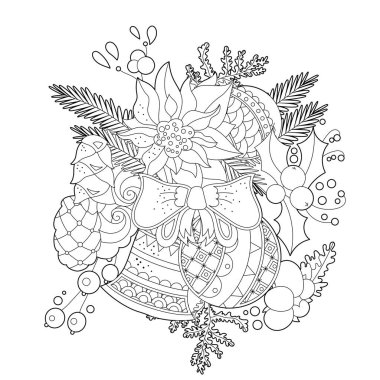 Güzel Noel dekoru. Kış tatili dekorasyonu. Siyah ve beyaz elementler. Sezon tasarımı için geleneksel şenlik baloları. Çocuklar ve yetişkinler için zentangle stili el çizimi, dövme.