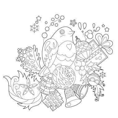 Sevimli Noel kuşu. Kış tatili dekorasyonu. Siyah ve beyaz elementler. Sezon tasarımı için geleneksel şenlik baloları. Çocuklar ve yetişkinler için zentangle stili el çizimi, dövme.