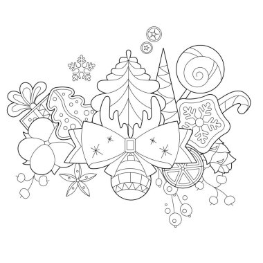 Güzel Noel dekoru. Kış tatili dekorasyonu. Siyah ve beyaz elementler. Sezon tasarımı için geleneksel şenlik baloları. Çocuklar ve yetişkinler için zentangle stili el çizimi, dövme.
