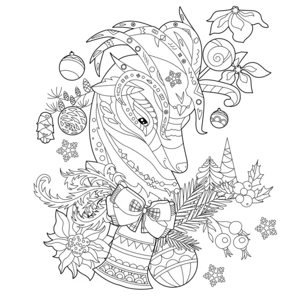 Słodki Świąteczny Renifer Zimowa Dekoracja Wakacyjna Czarne Białe Elementy Tradycyjne — Wektor stockowy