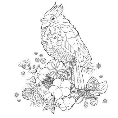 Cute Christmas waxwing. Winter holiday decoration. Black and white elements. Traditional festive deor for season design. Hand drawn illustration for children and adults, coloring books and tattoo. vector Cute Christmas waxwing. Winter holiday decoration. Black and white elements. Traditional festive deor for season design. Hand drawn illustration for children and adults, coloring books and tattoo. vector