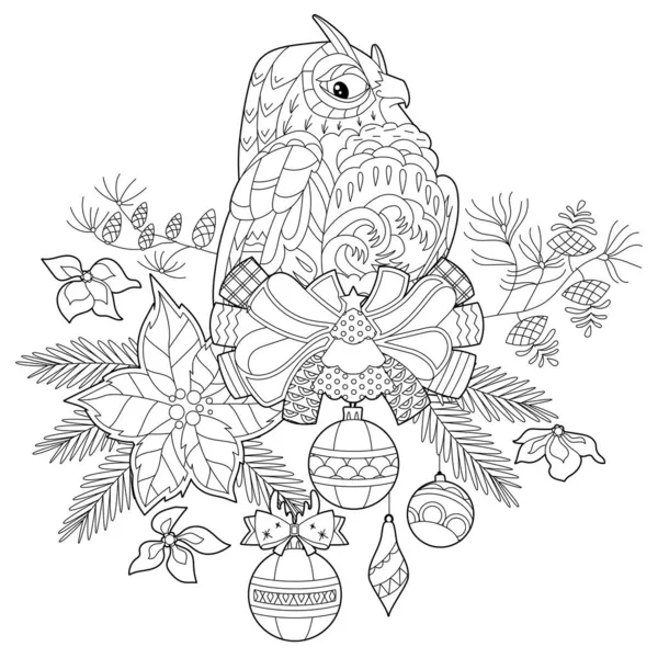 Cute Christmas Owl Winter Holiday Decoration Black White Elements Traditional — Stock Vector