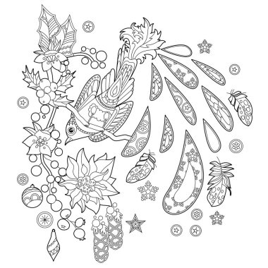 Cute Christmas bird with berries. Winter holiday decoration. Black and white elements. Traditional decor for season design. Hand drawn illustration for children and adults, coloring books and tattoo. vector Cute Christmas bird with berries. Winter holiday decoration. Black and white elements. Traditional decor for season design. Hand drawn illustration for children and adults, coloring books and tattoo. vector