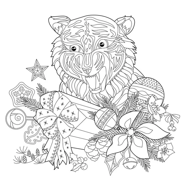 Konturlineare Illustration Für Malbuch Mit Dekorativem Tigerkopf Neujahrssymbol Mit Weihnachtsdekor — Stockvektor