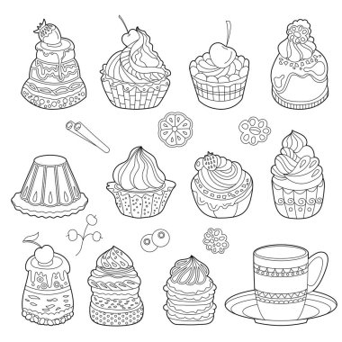 Siyah beyaz tatlılarla ayarlanmış. Beyaz arka planda izole edilmiş kekler, tatlılar ve kekler. Boyama kitabı ve yemek tasarımı için farklı hamur işleri.