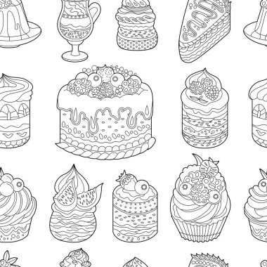 Siyah beyaz tatlılarla kusursuz bir desen. Beyaz arka planda kekler, tatlılar ve kekler. Gıda tasarımı için farklı hamur işleriyle sınırsız doku.