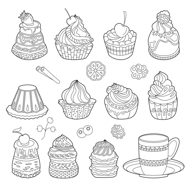 Набір Чорно Білими Десертами Торти Цукерки Кекси Ізольовані Білому Тлі — стоковий вектор
