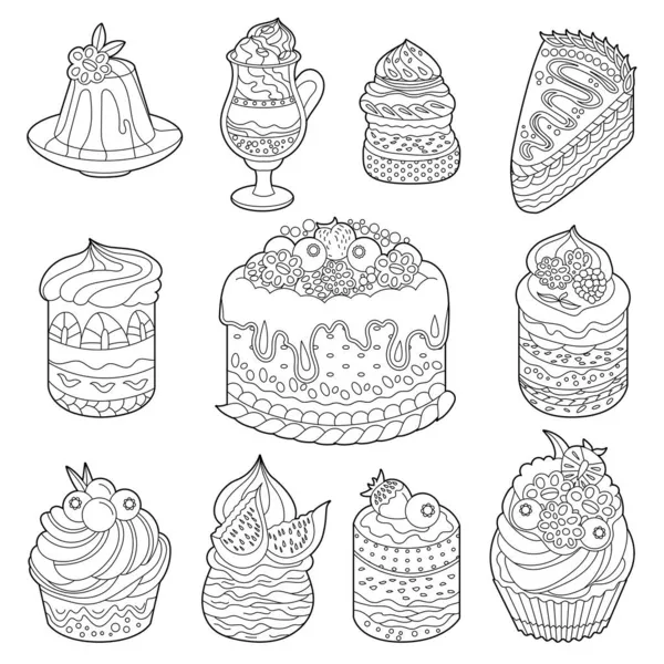 Set Postres Blanco Negro Pasteles Dulces Magdalenas Aislados Sobre Fondo — Archivo Imágenes Vectoriales