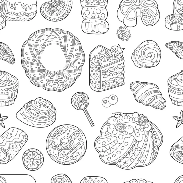 Seamless Christmas Pattern Black White Desserts Cakes Sweets Muffins White — Stock Vector