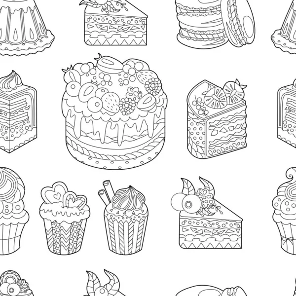 Бесшовный Рисунок Черно Белыми Десертами Торты Сладости Кексы Белом Фоне — стоковый вектор