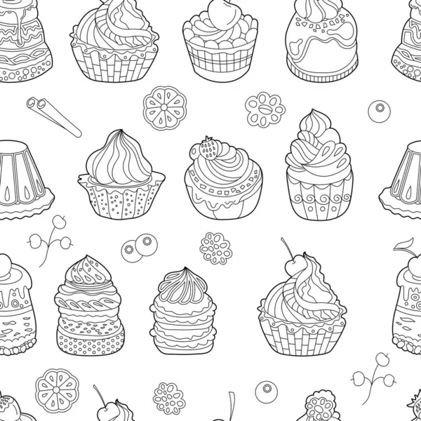 无缝隙图案与黑白甜点 白色背景的蛋糕 糖果和松饼 食品设计用的有不同糕点的无限质感 — 图库矢量图片