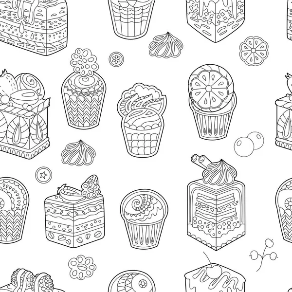 Seamless Pattern Black White Desserts Cakes Sweets Muffins White Background — Stock Vector