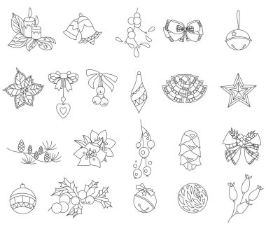 Noel ağacı süslemesi için izole edilmiş festival nesneleri. Siyah ve beyaz şenlik baloları, yıldızlar, beyaz arka planda kurdeleli mumlar. Sezon tasarımı ve boyama kitabı için elementler