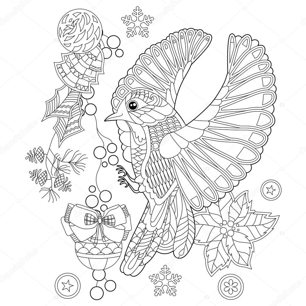 Cute Christmas bird with berries. Winter holiday decoration. Black and white elements. Traditional decor for season design. Hand drawn illustration for children and adults, coloring books and tattoo.
