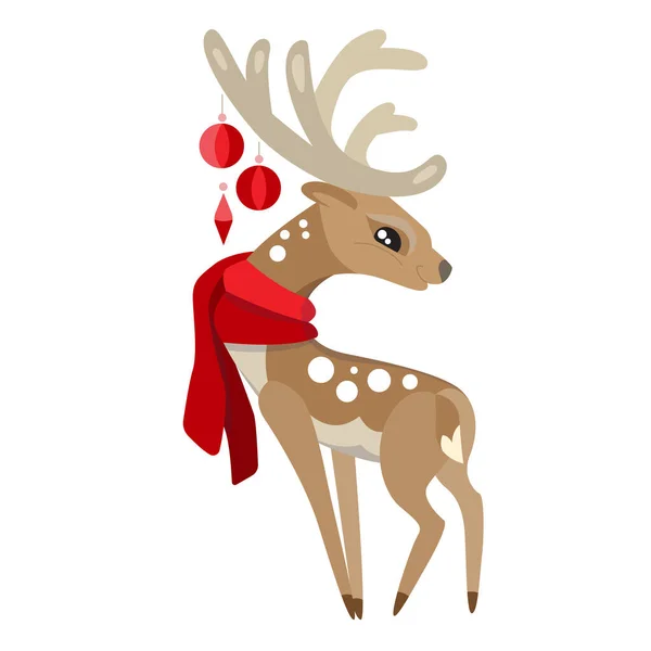Niedliche Tier Rentiere Mit Rotem Schal Braune Hirsche Mit Weihnachtskugeln — Stockvektor