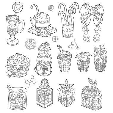 Siyah beyaz Noel tatlılarıyla dolu. Beyaz arka planda izole edilmiş kekler, tatlılar ve kekler. Boyama kitabı ve yemek tasarımı için farklı kış pastaları..