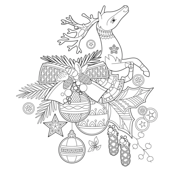 かわいいクリスマストナカイ 冬の休日の装飾 黒と白の要素 季節のデザインのための伝統的なお祝いボール 子供や大人のための角度のスタイルで手描きイラスト 入れ墨 — ストックベクタ