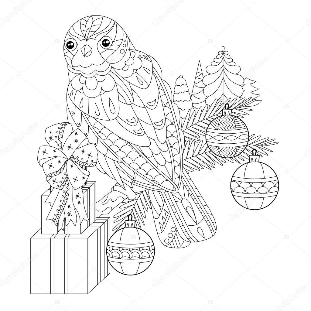 Cute Christmas decor with polar owl. Winter holiday decoration. Black and white elements. Traditional festive balls for season design. Hand drawn illustration  for children and adults, tattoo.