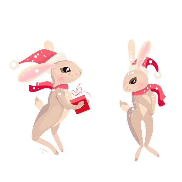 Carini Conigli Animali Illustrazione Festiva Natale Personaggio Divertente Isolato Sfondo — Vettoriale Stock