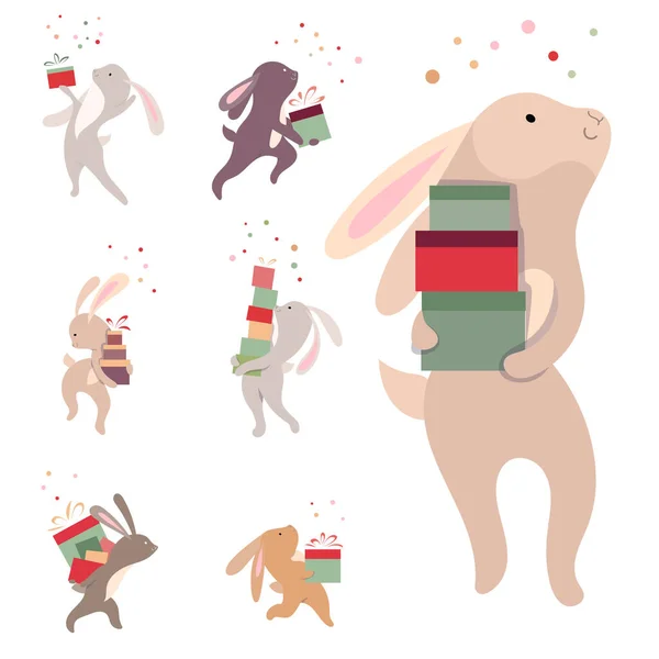 ギフトボックス付きのかわいい動物ウサギ クリスマスのお祝いイラスト 白い背景に隔離された面白いキャラクター 子供と大人のための冬のイラスト — ストックベクタ